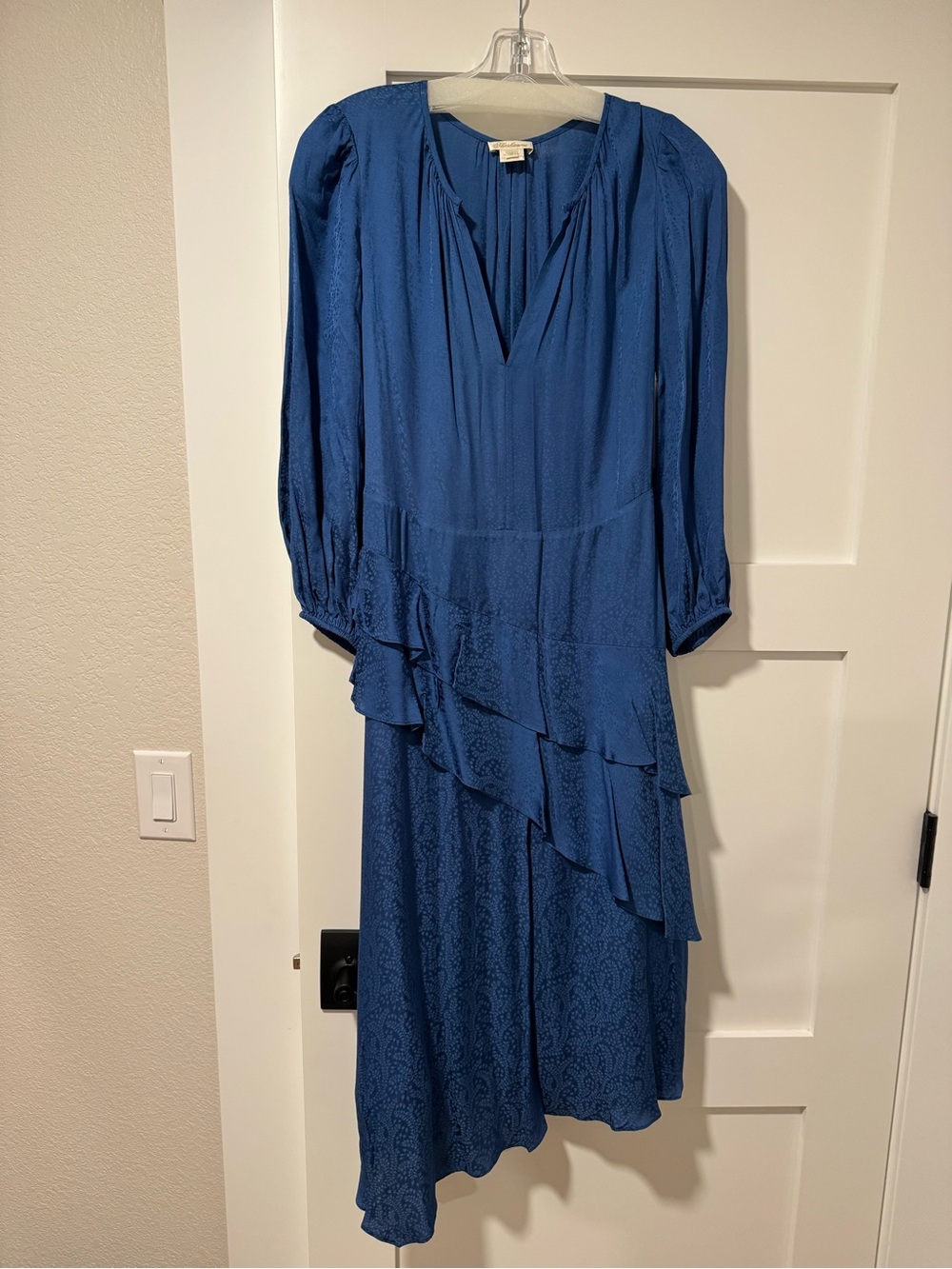 Shoshanna Blue Tara Ruffled Satin Jacquard Asymmetric Midi Dress
